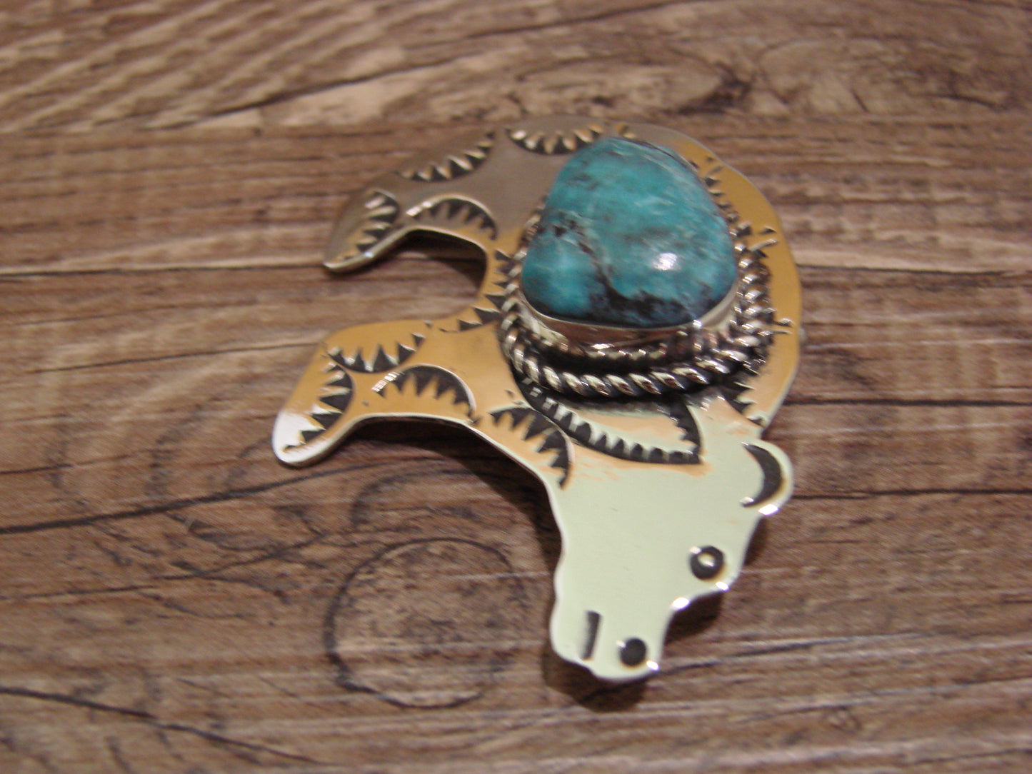 Navajo Indian Nickel Silver & Turquoise Bear Pendant - Cleveland