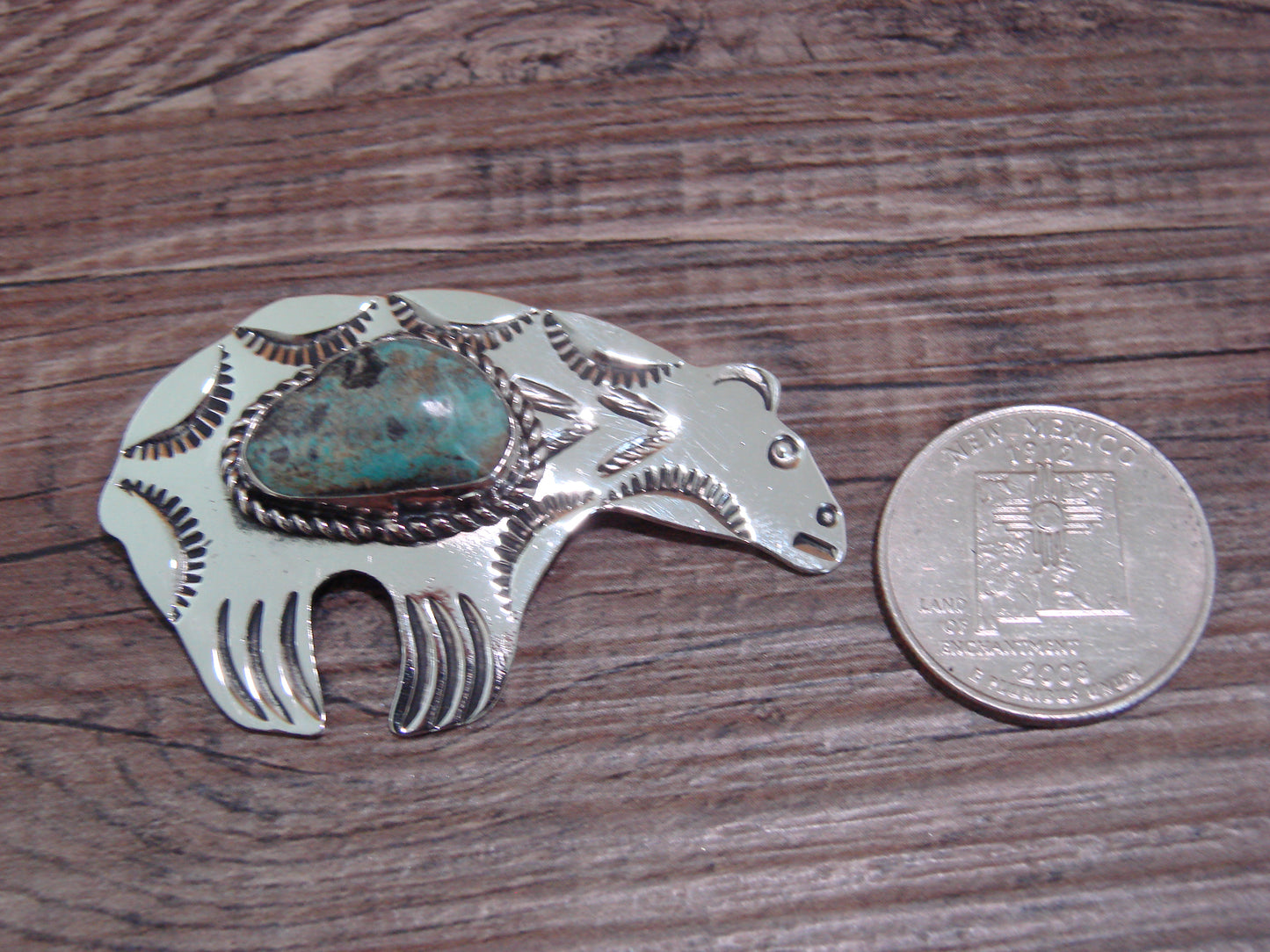 Navajo Indian Nickel Silver & Turquoise Bear Pendant - Cleveland