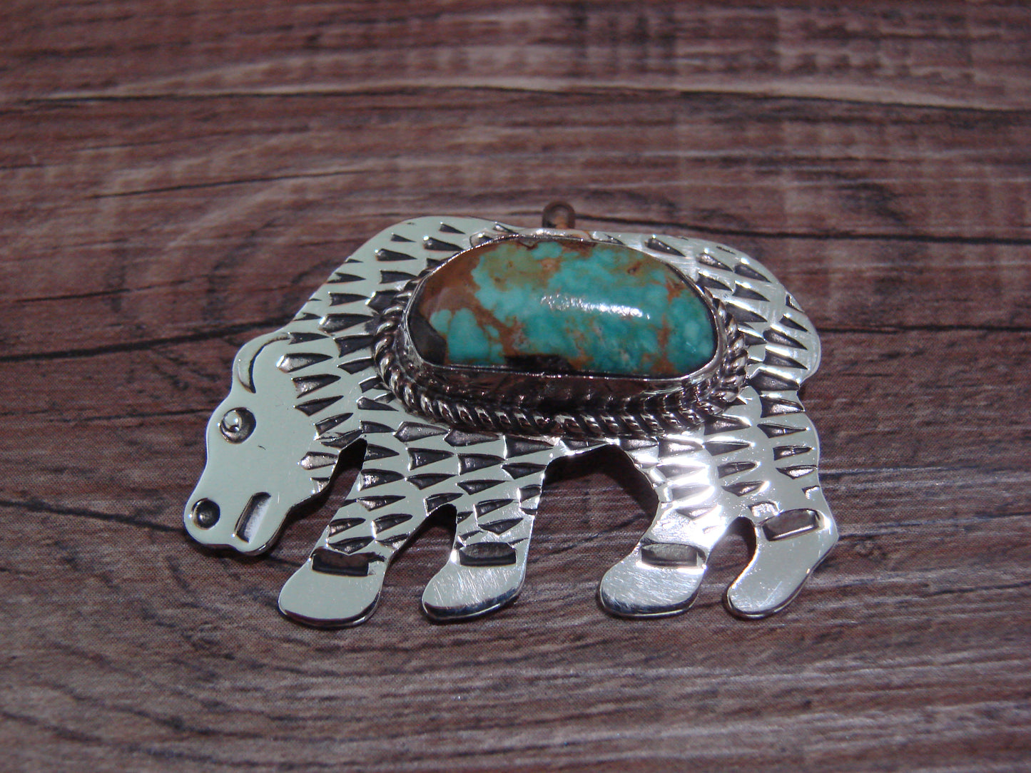 Navajo Indian Nickel Silver & Turquoise Bear Pendant - Cleveland
