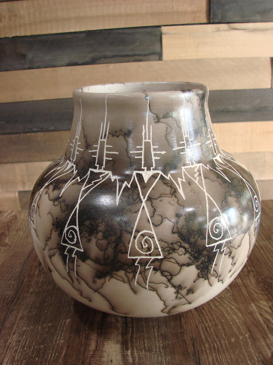 Native American Acoma Hand Etched Horse Hair Pottery by Yellow Corn
