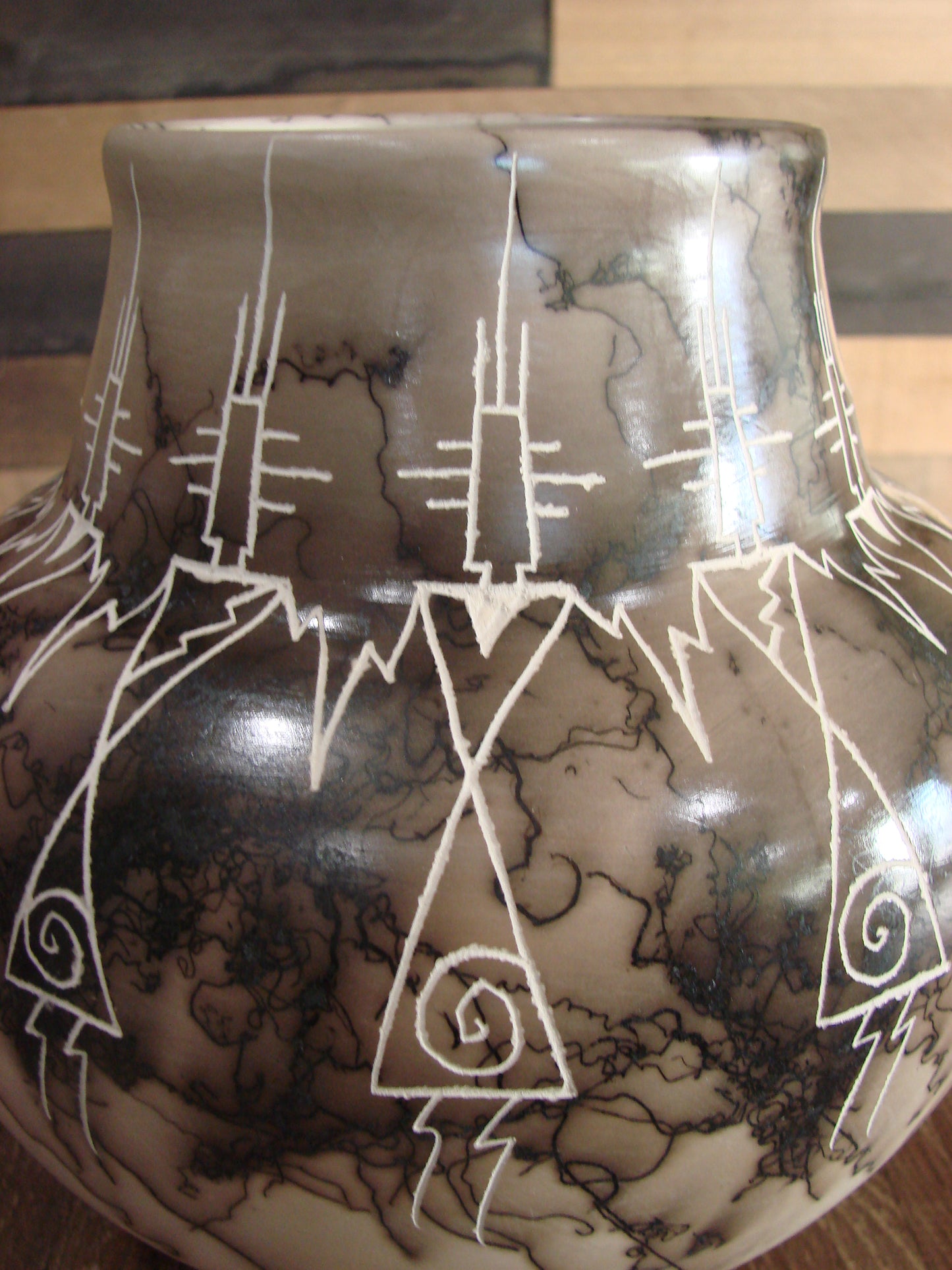 Native American Acoma Hand Etched Horse Hair Pottery by Yellow Corn