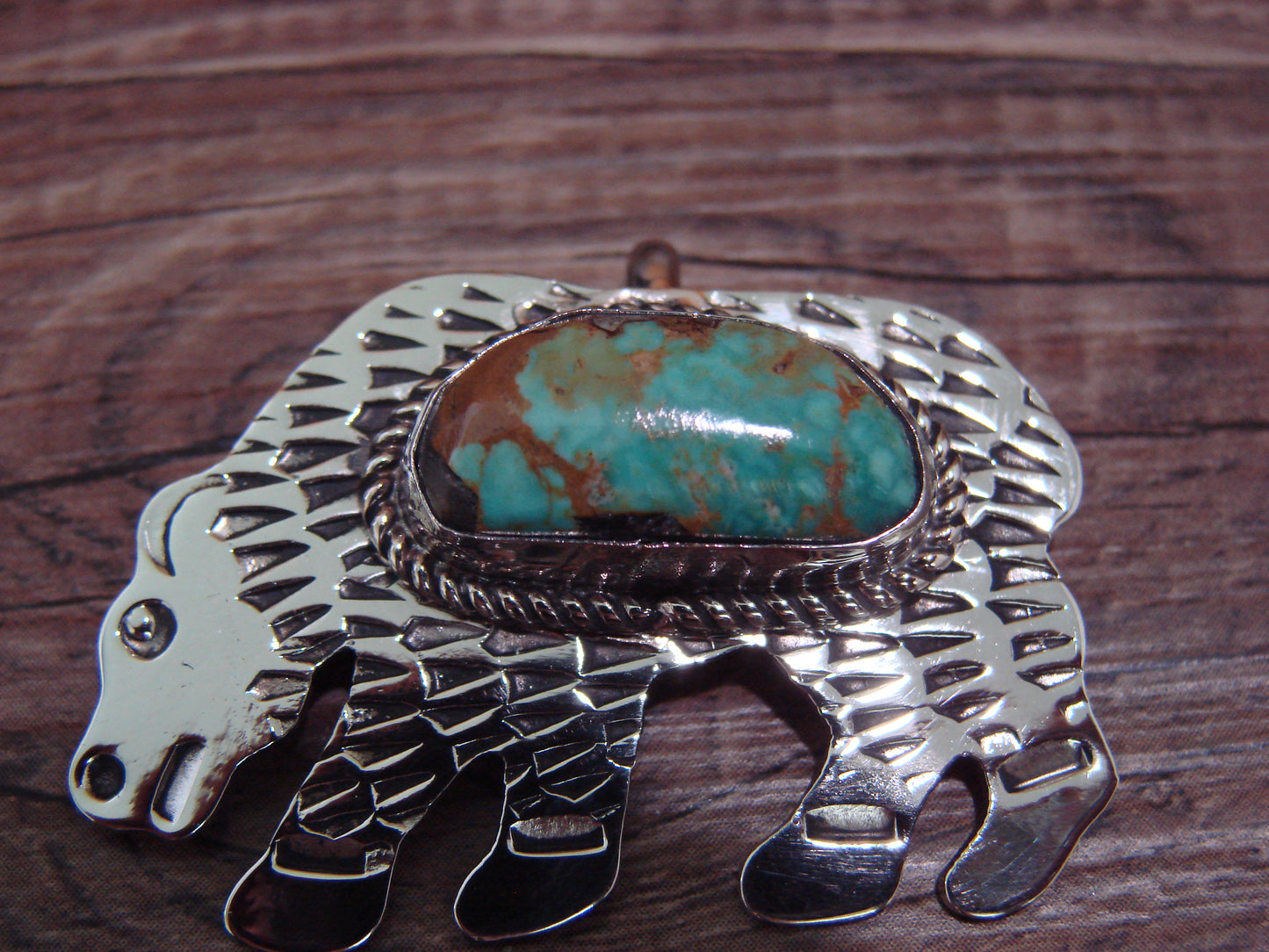 Navajo Indian Nickel Silver & Turquoise Bear Pendant - Cleveland