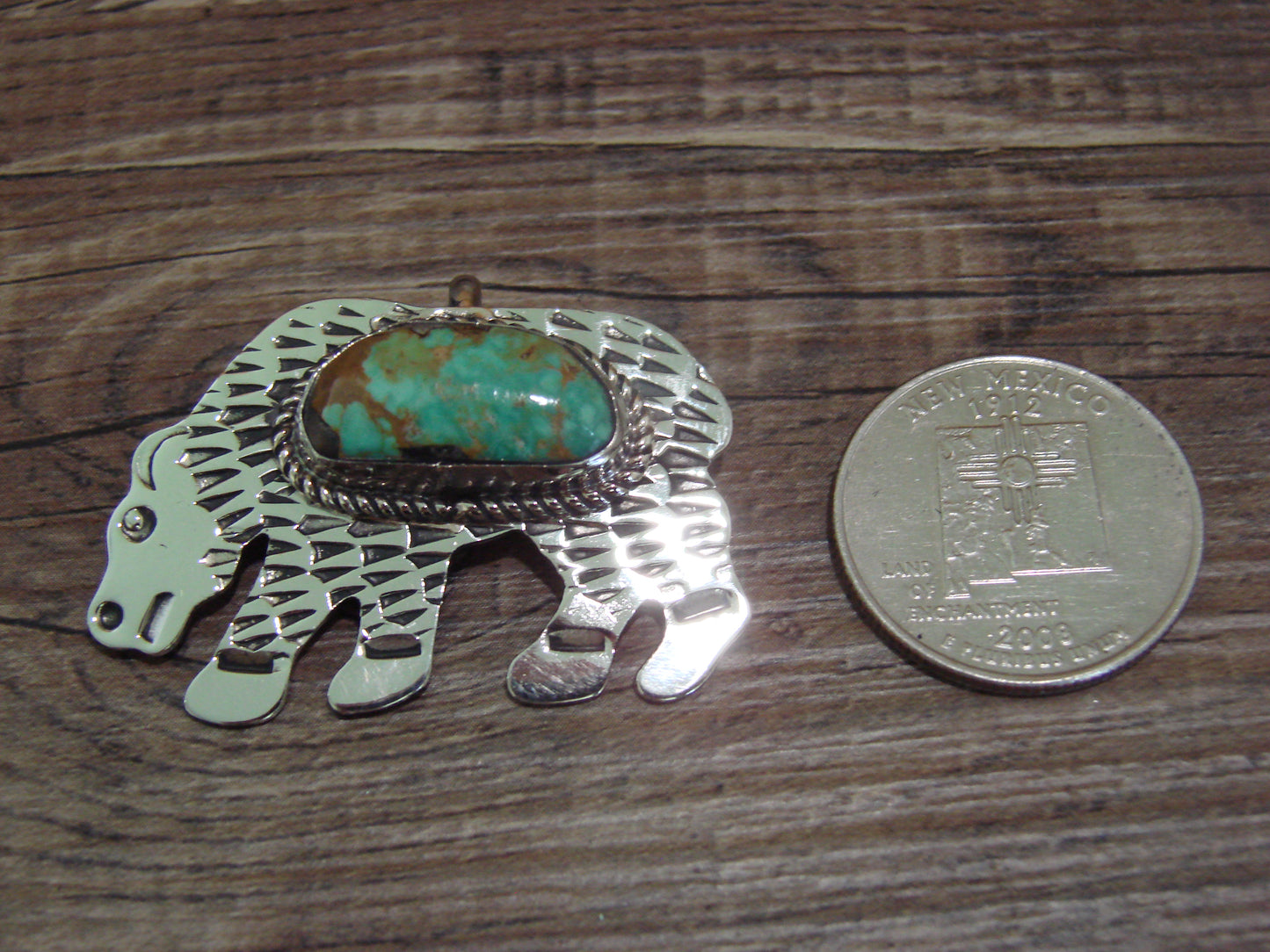 Navajo Indian Nickel Silver & Turquoise Bear Pendant - Cleveland
