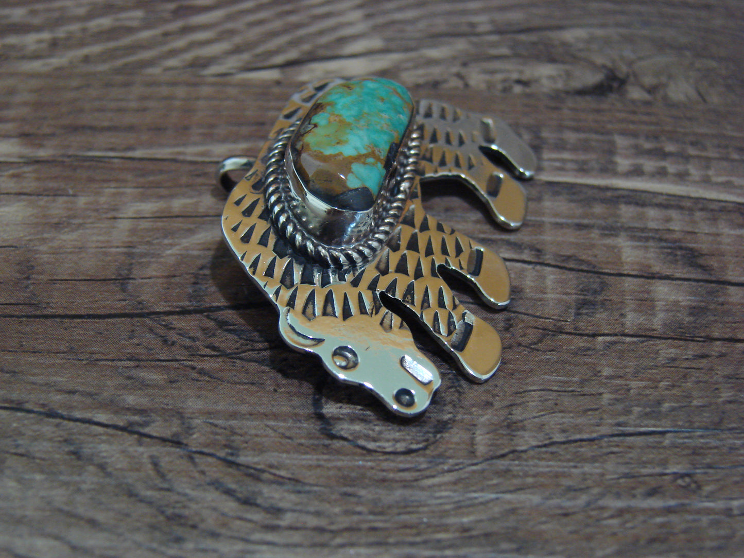 Navajo Indian Nickel Silver & Turquoise Bear Pendant - Cleveland