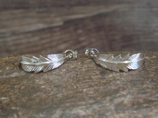 Native American Sterling Silver Feather Hoop Post Earrings Signed Barney