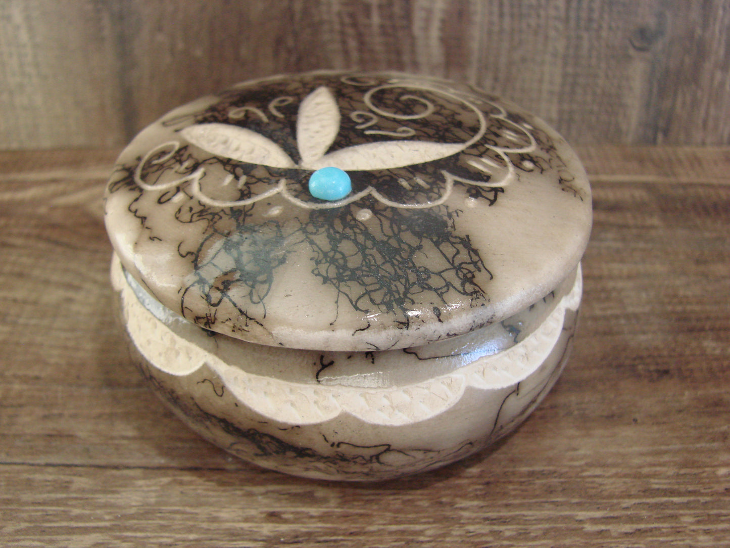 Native American Pottery Horse Hair Jewelry Trinket Box by Vail