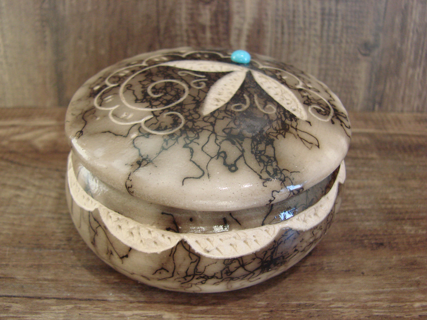 Native American Pottery Horse Hair Jewelry Trinket Box by Vail