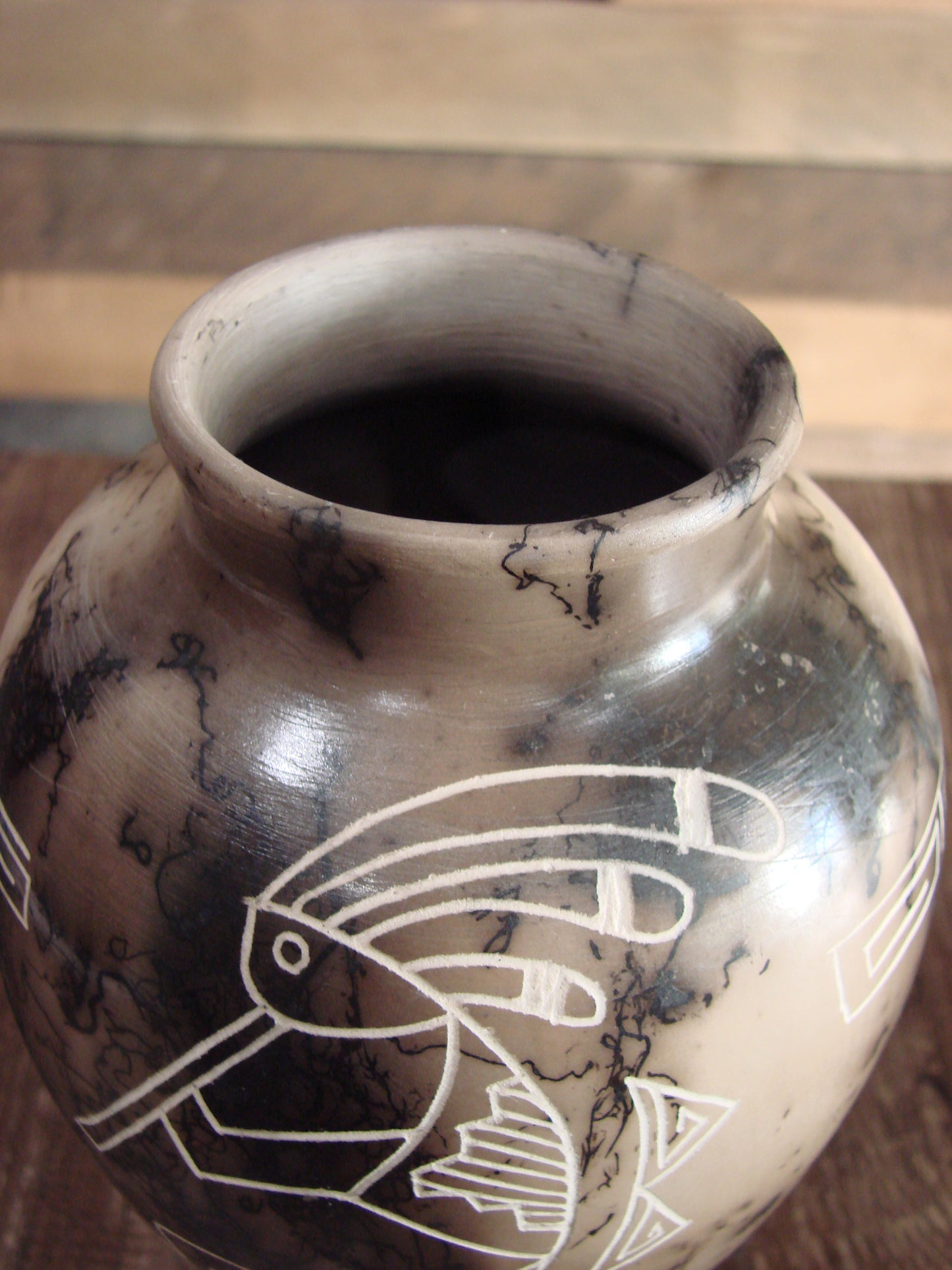 Native American Acoma Hand Etched Horse Hair Pottery by Yellow Corn