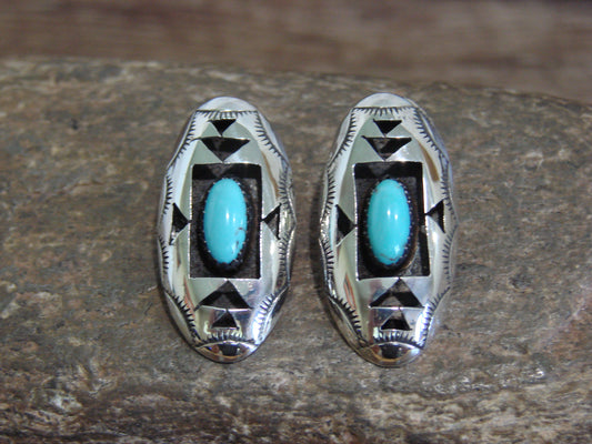 Native American Sterling Silver & Turquoise Shadowbox Post Earrings - Perry