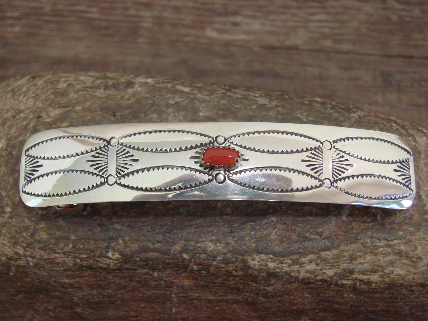 Native American Sterling Silver & Coral Hair Barrette by Begay