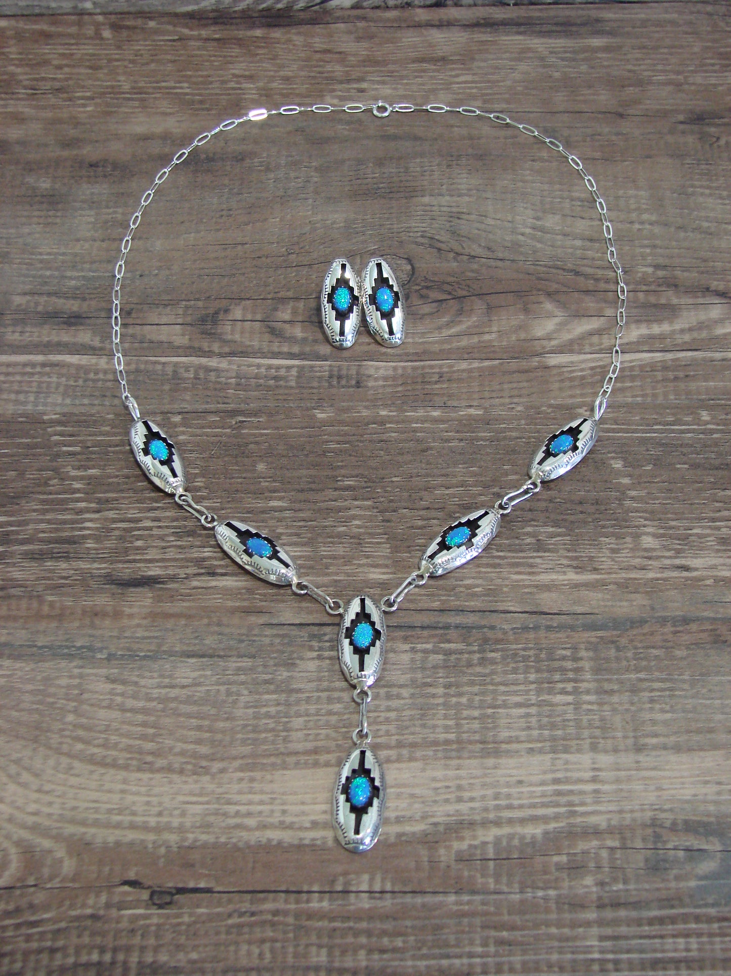 Native American Sterling Silver & Blue Opal Link Necklace Set by Perry