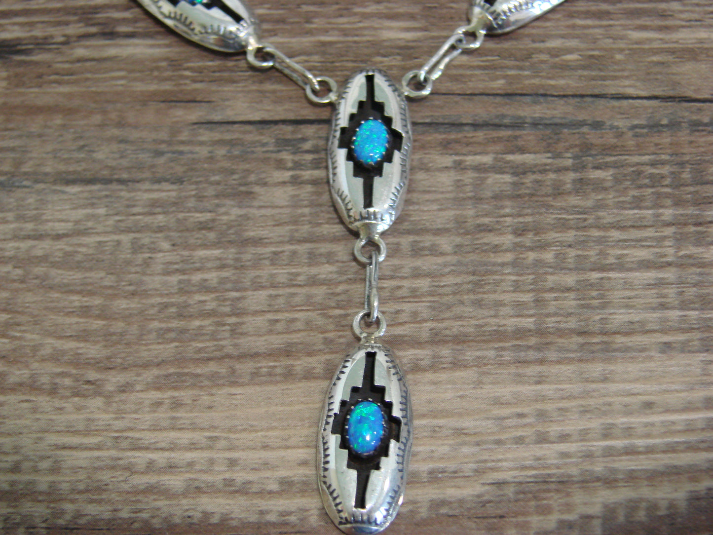 Native American Sterling Silver & Blue Opal Link Necklace Set by Perry