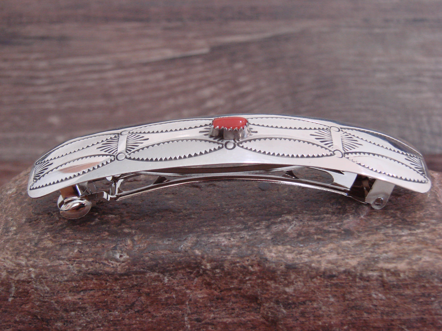 Native American Sterling Silver & Coral Hair Barrette by Begay
