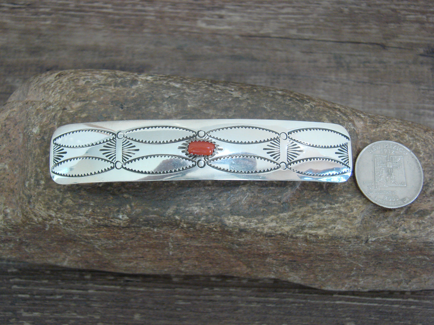 Native American Sterling Silver & Coral Hair Barrette by Begay
