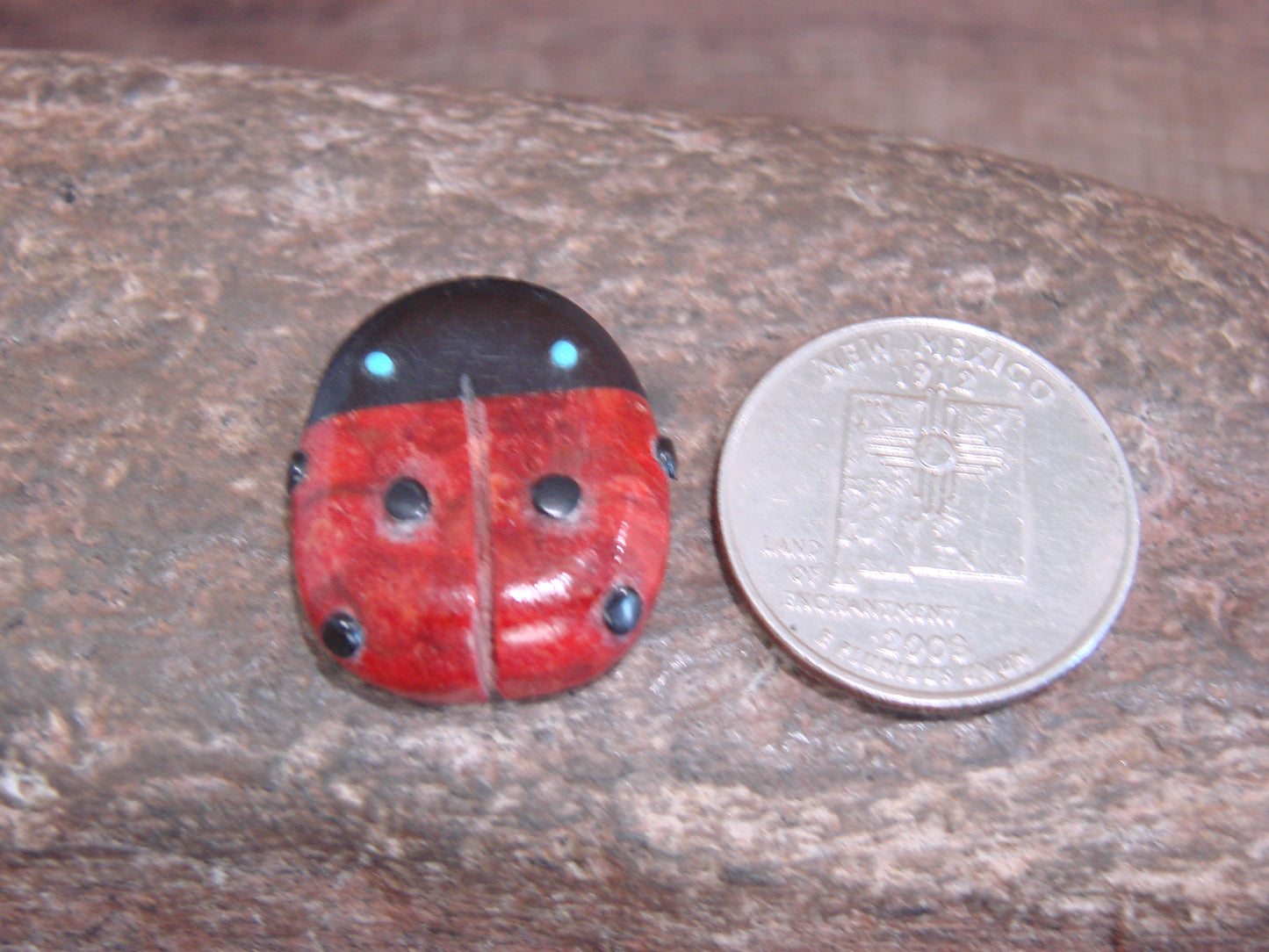 Native American Zuni Hand Carved Coral Ladybug Fetish by Lonasee