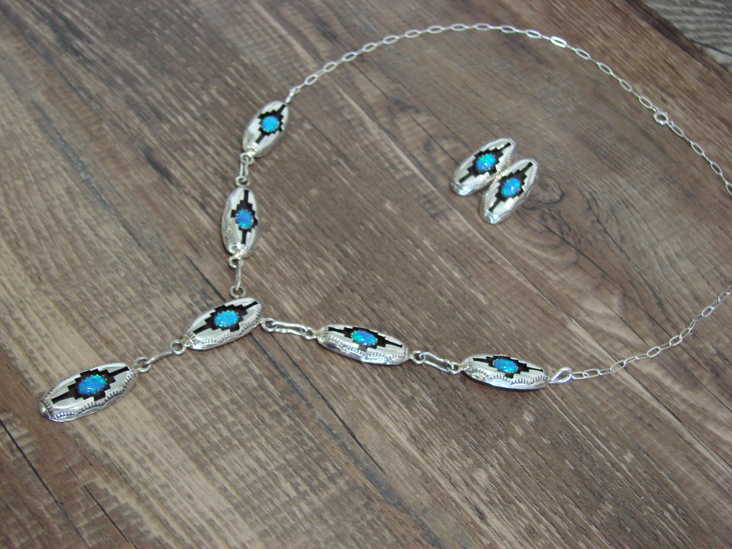 Native American Sterling Silver & Blue Opal Link Necklace Set by Perry