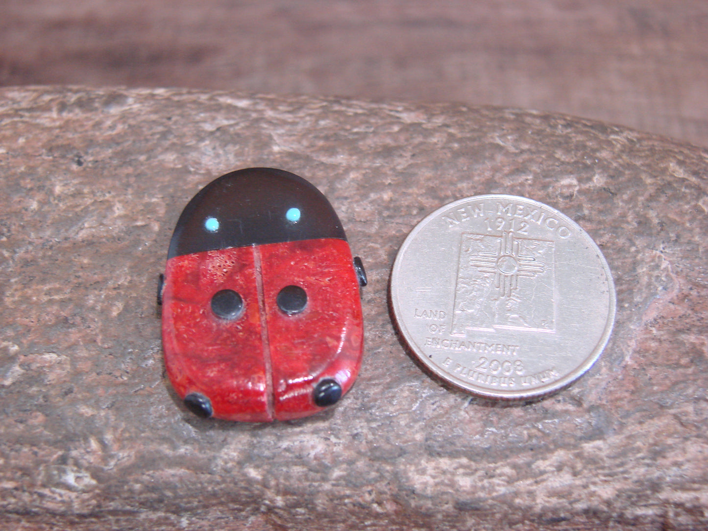 Native American Zuni Hand Carved Coral Ladybug Fetish by Lonasee