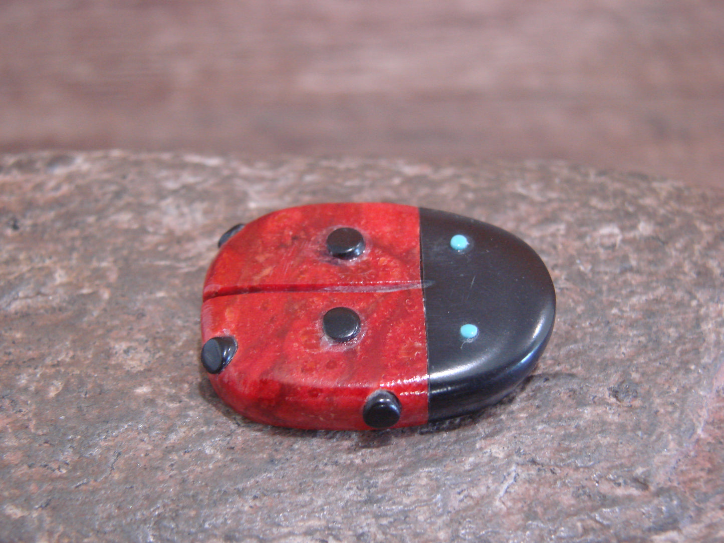 Native American Zuni Hand Carved Coral Ladybug Fetish by Lonasee