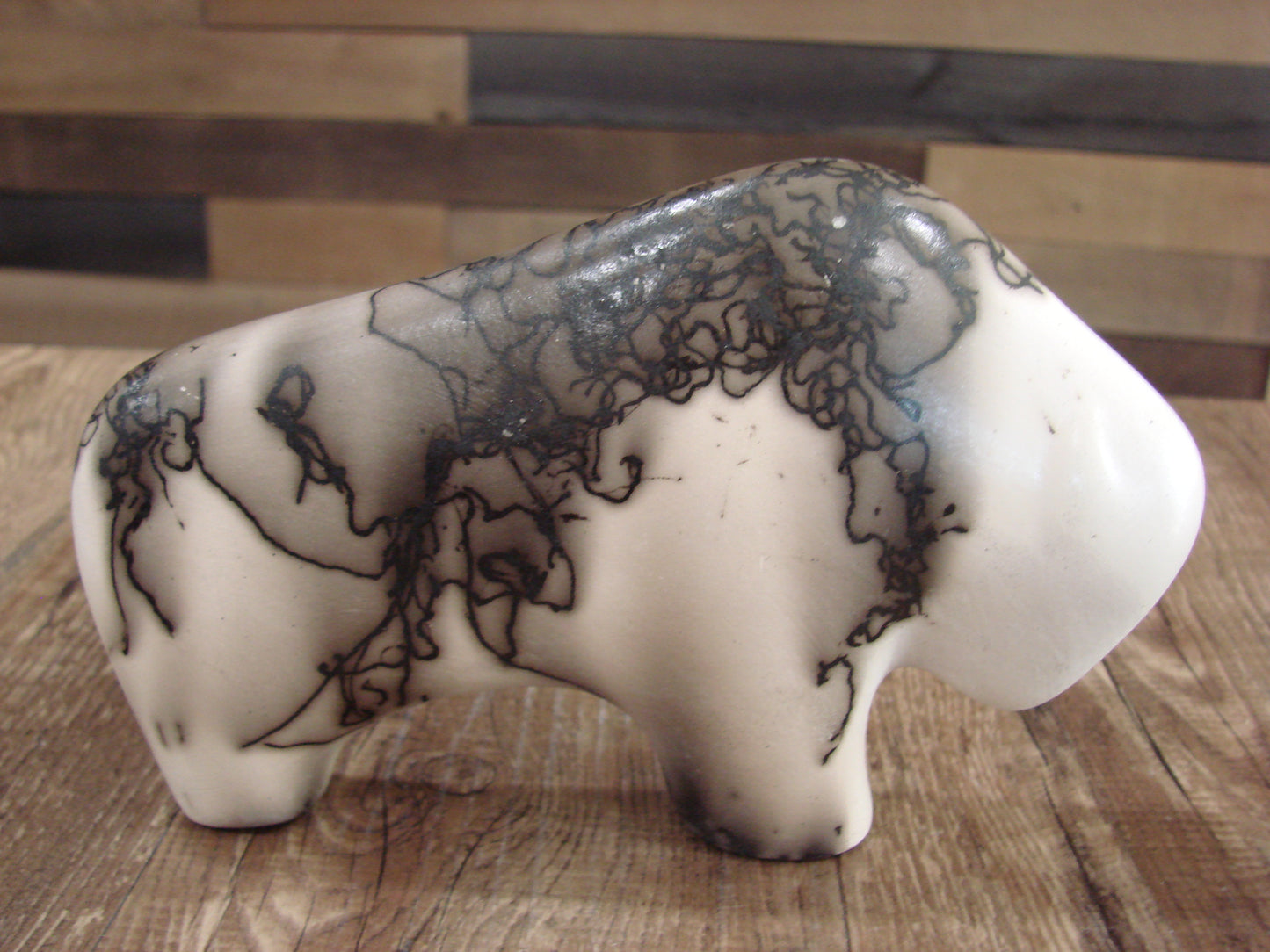 Small Native American Pottery Horse Hair Buffalo Sculpture by Vail