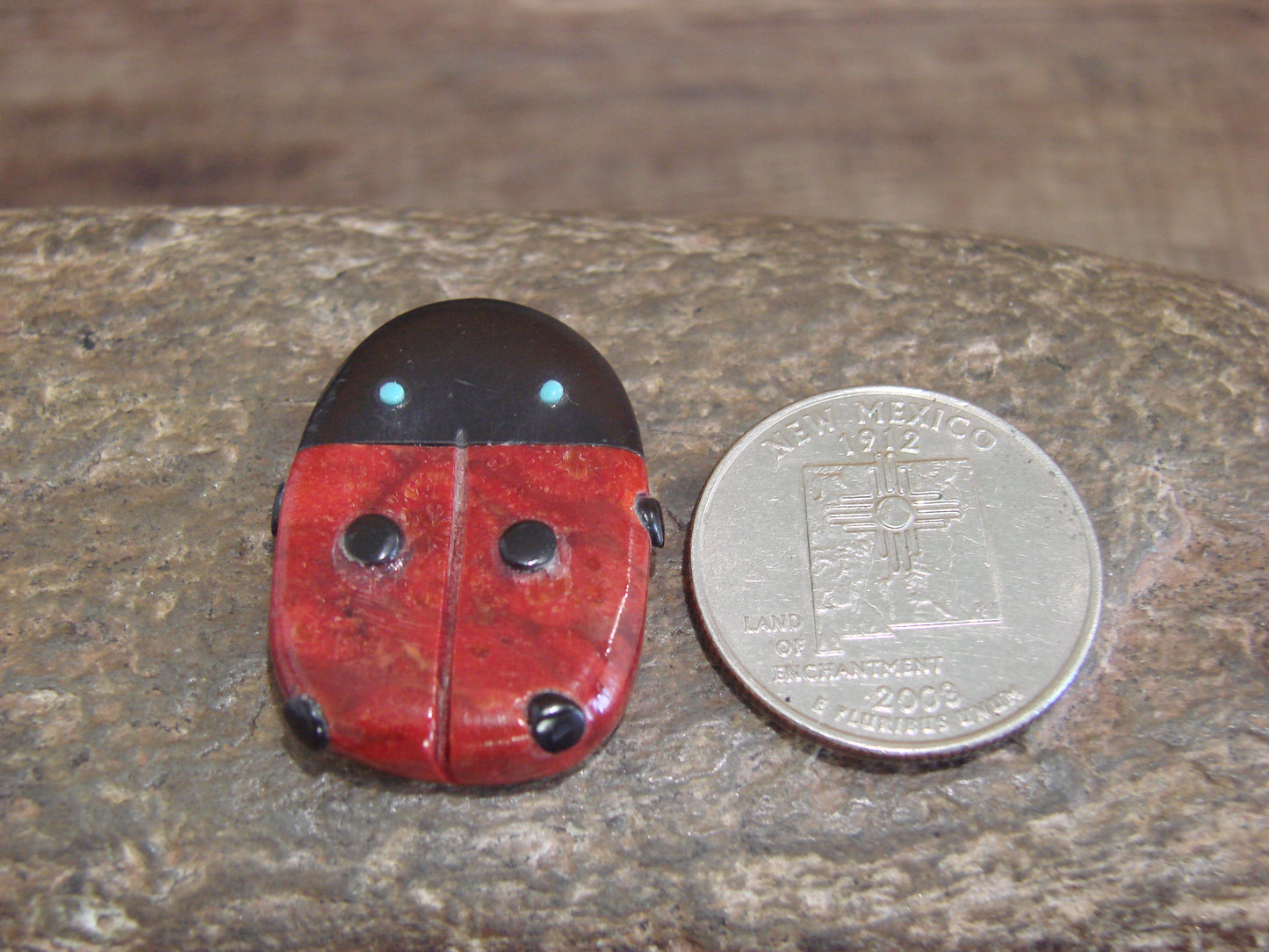 Native American Zuni Hand Carved Coral Ladybug Fetish by Lonasee