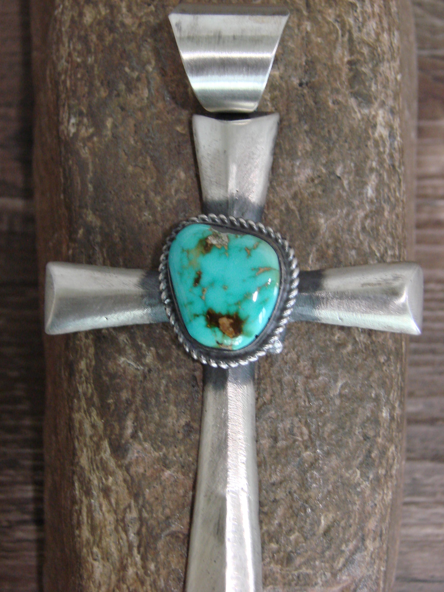 Large Native American Sterling Silver & Turquoise Cross Pendant Signed Butte