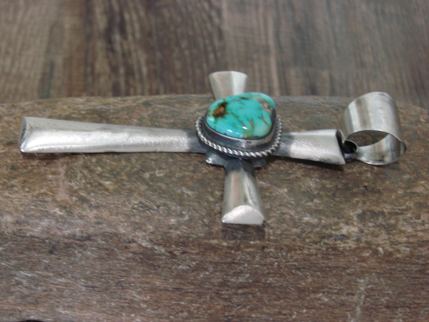 Large Native American Sterling Silver & Turquoise Cross Pendant Signed Butte