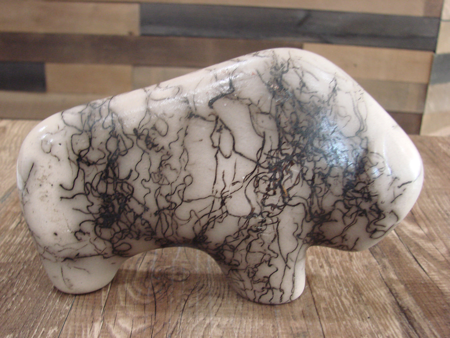 Small Native American Pottery Horse Hair Buffalo Sculpture by Vail