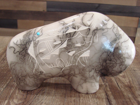 Small Native American Pottery Horse Hair Buffalo Sculpture by Vail