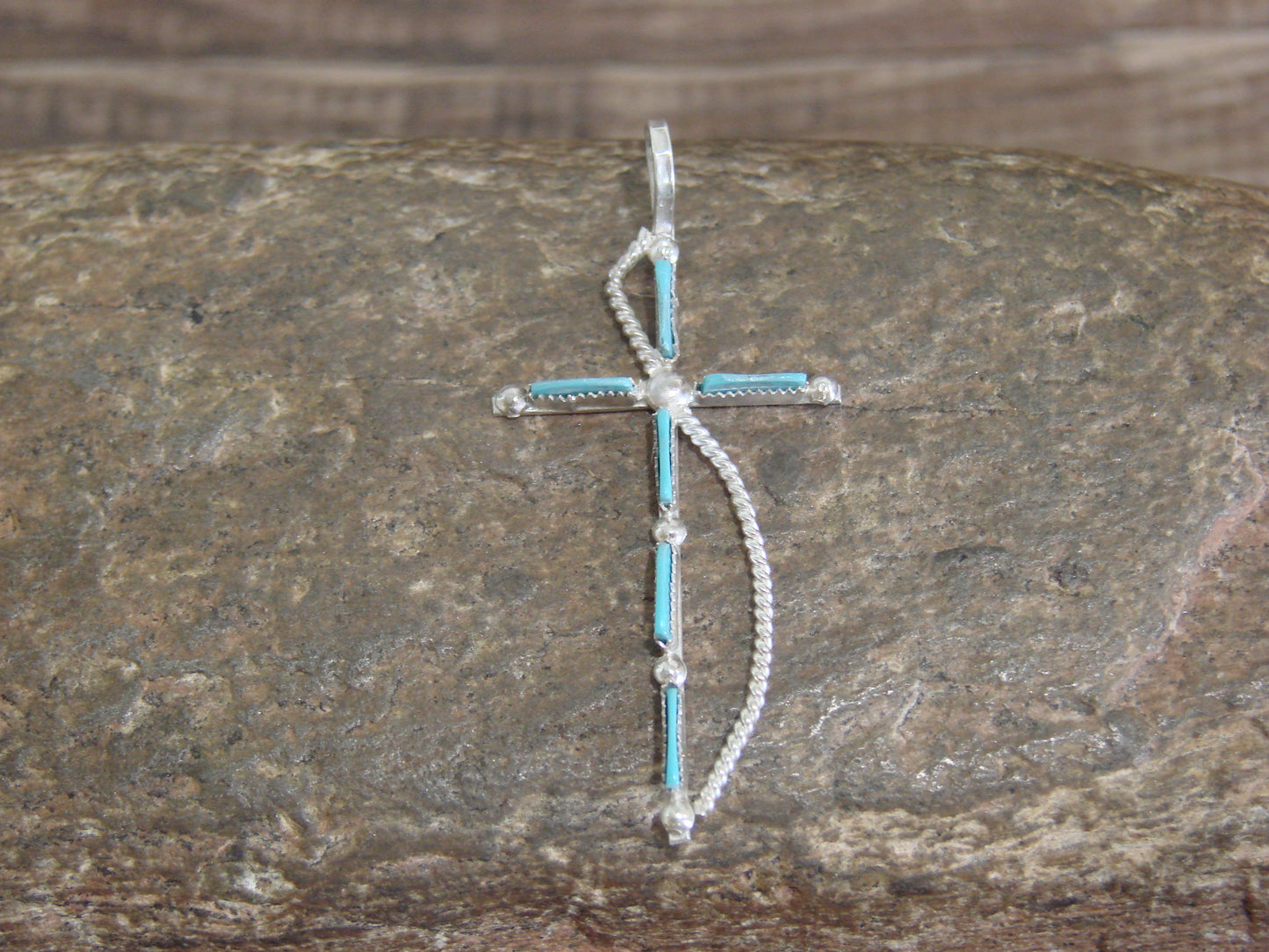 Native American Zuni Indian Sterling Silver Turquoise Cross Pendant by Peywa