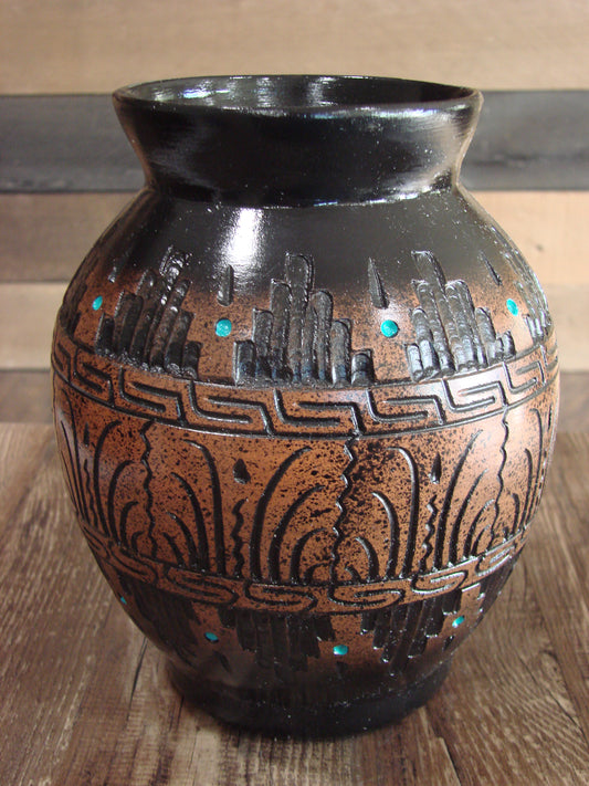 Native American Hand Etched Pottery Signed by Dewayne & Eskeets