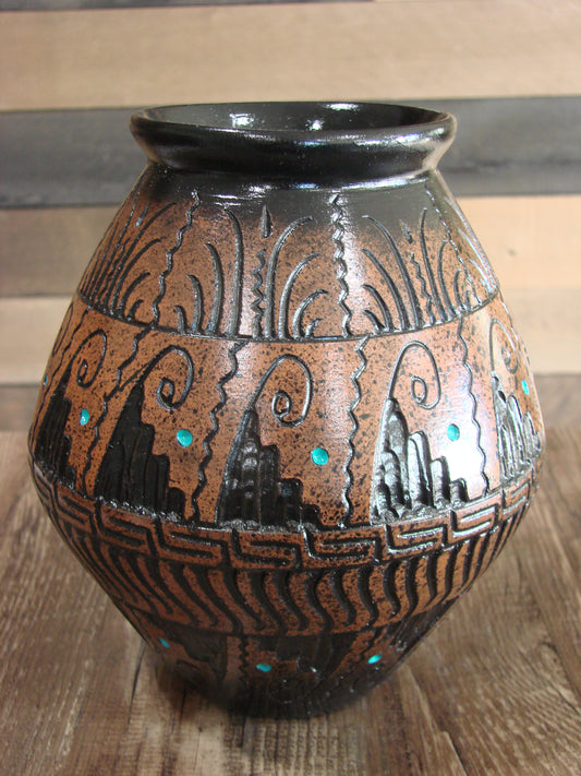 Native American Hand Etched Pottery Signed by Dewayne & Eskeets