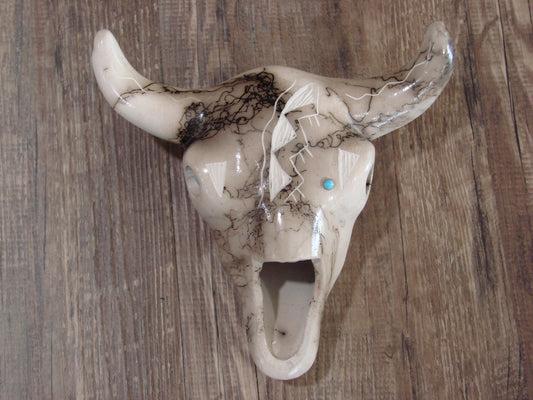 Native American Pottery Horse Hair Skull Sculpture by Vail