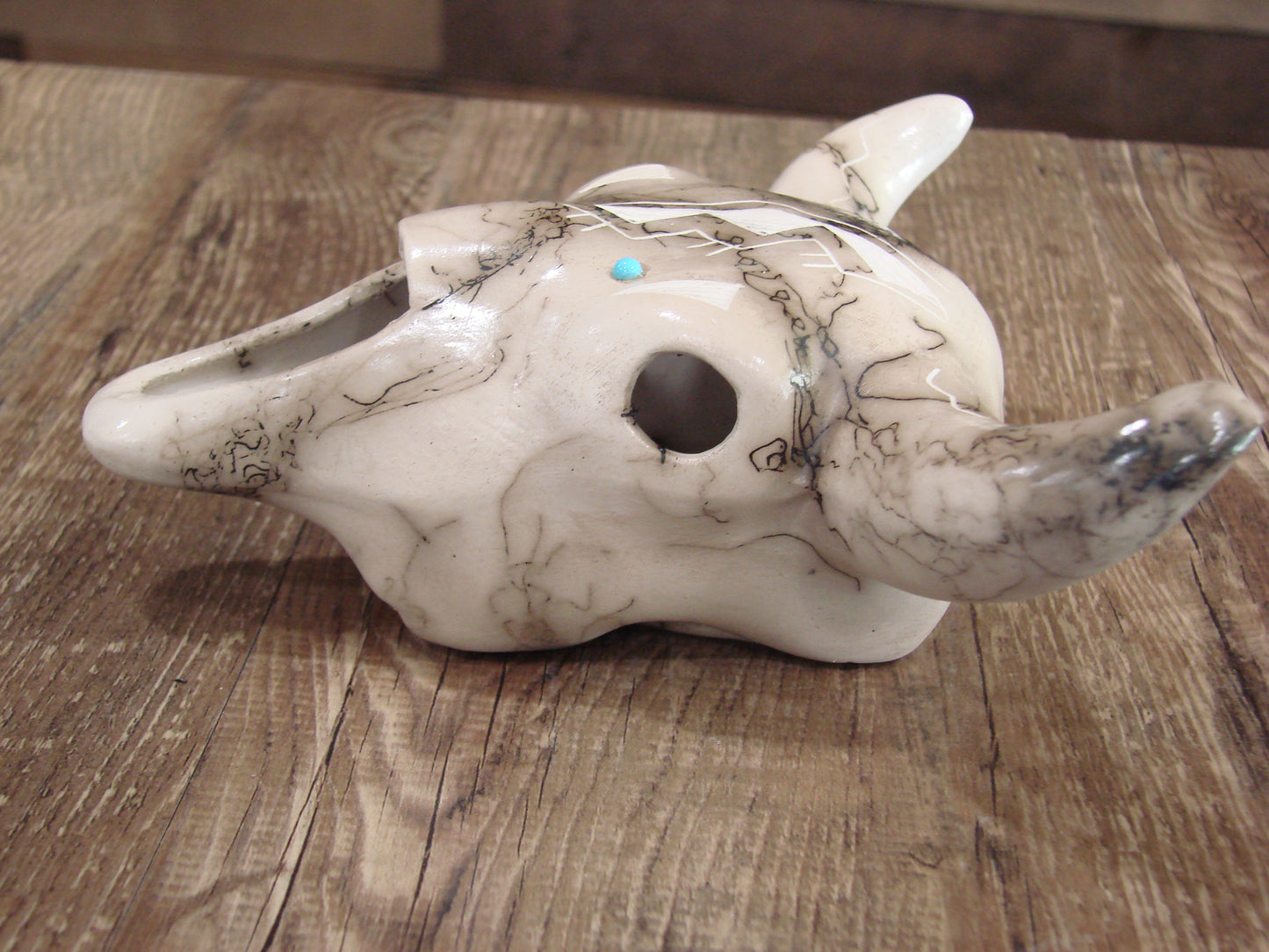 Native American Pottery Horse Hair Skull Sculpture by Vail