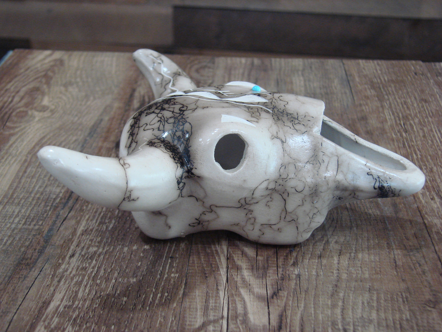 Native American Pottery Horse Hair Skull Sculpture by Vail