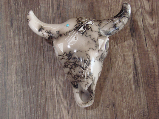 Native American Pottery Horse Hair Skull Sculpture by Vail