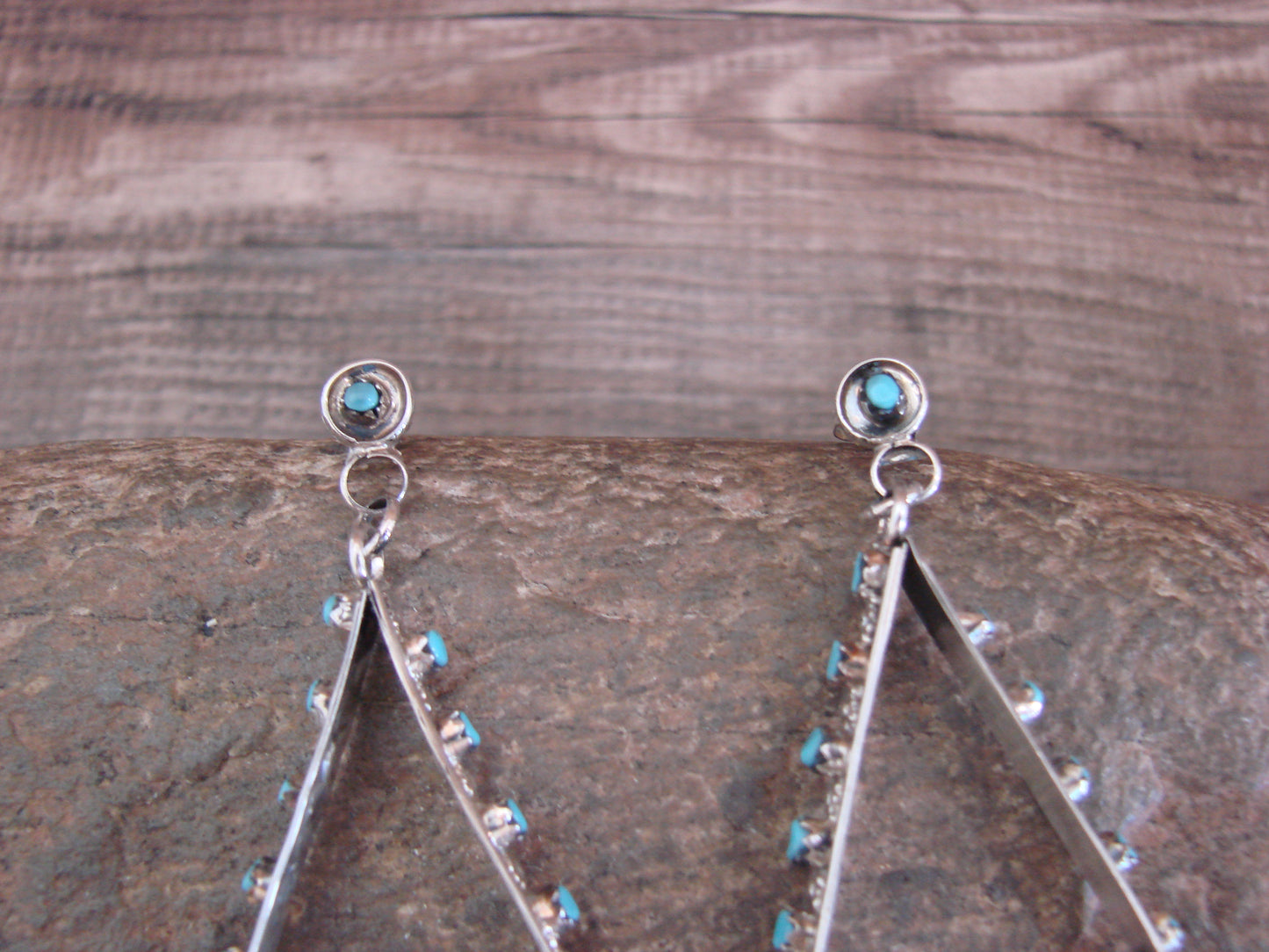 Native American Sterling Silver & Turquoise Post Dangle Earrings - Quam