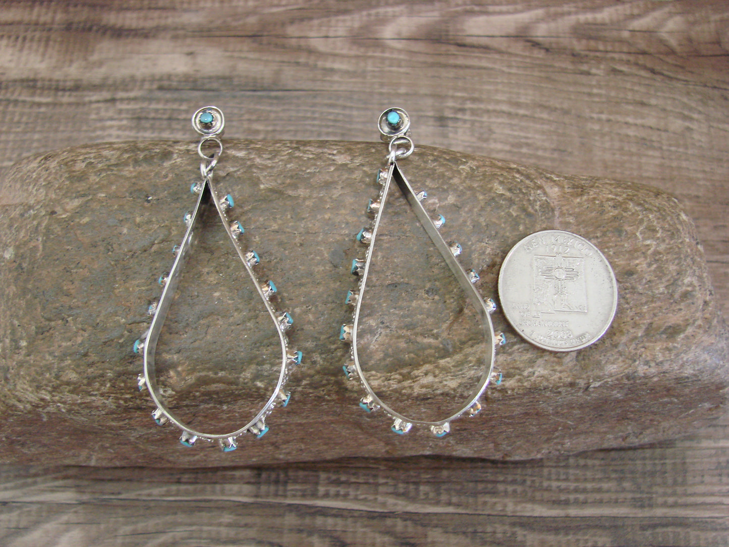 Native American Sterling Silver & Turquoise Post Dangle Earrings - Quam