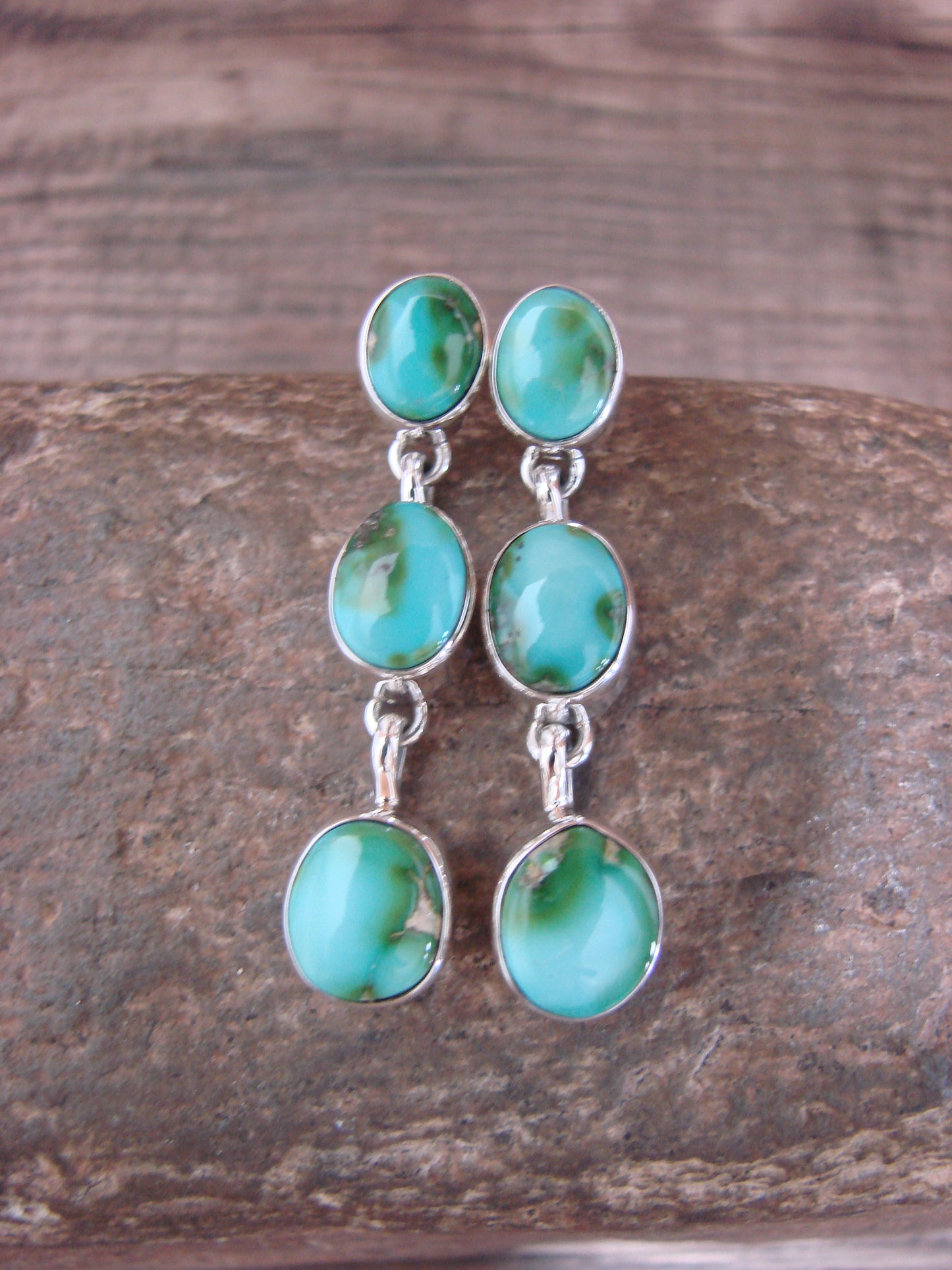 Native American Sterling Silver Sonoran Turquoise Post Dangle Earrings Signed T