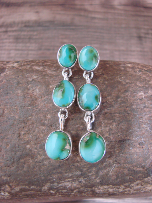 Native American Sterling Silver Sonoran Turquoise Post Dangle Earrings Signed T