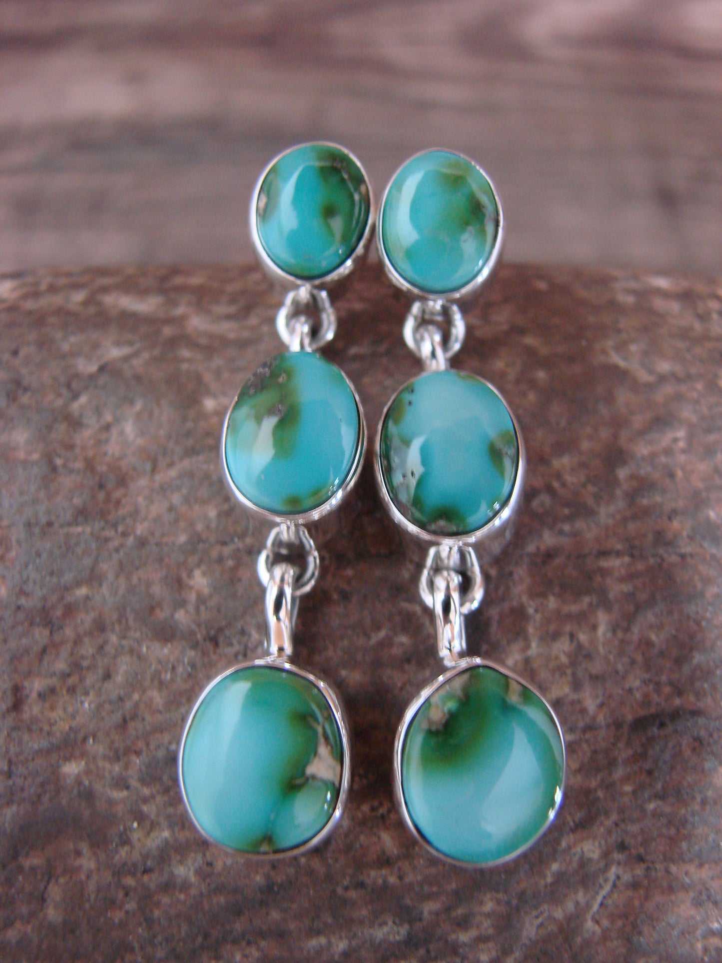 Native American Sterling Silver Sonoran Turquoise Post Dangle Earrings Signed T