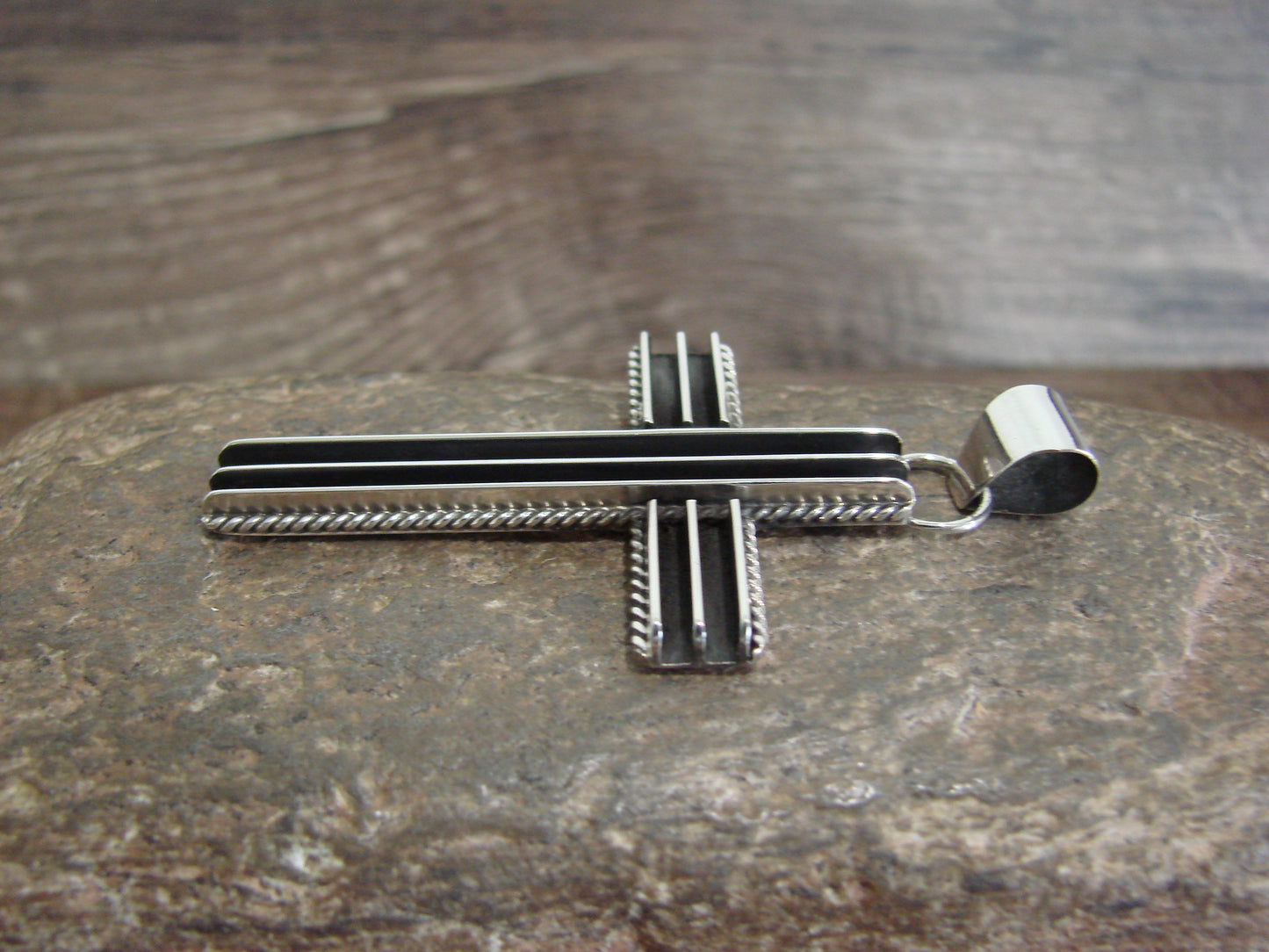 Native American Indian Sterling Silver Ribbed Cross Pendant by Yazzie