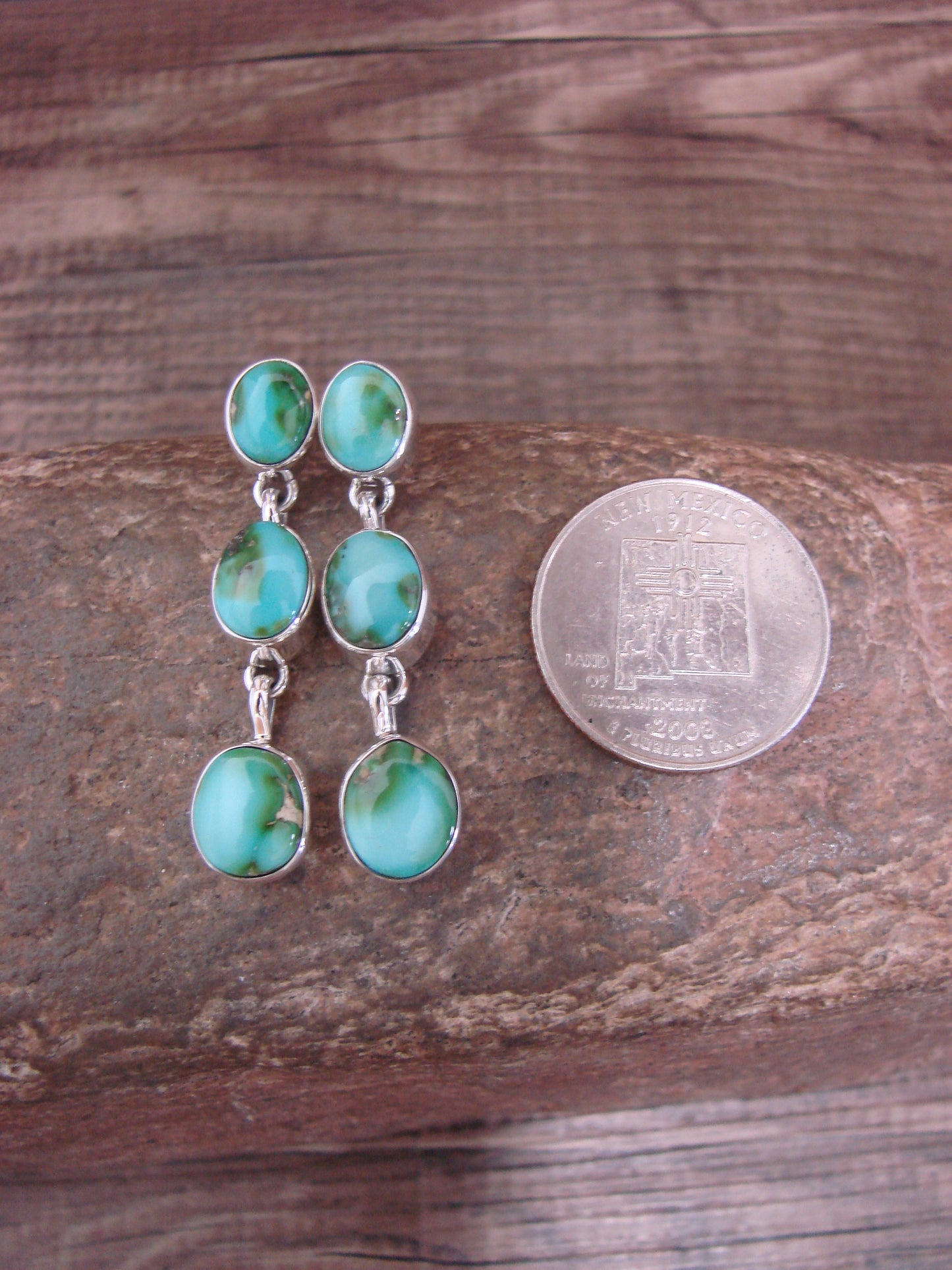 Native American Sterling Silver Sonoran Turquoise Post Dangle Earrings Signed T