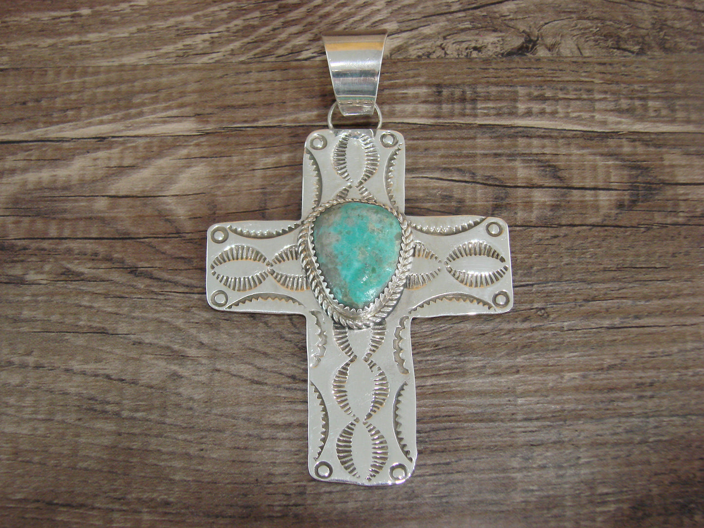 Large Navajo Sterling Silver & Turquoise Cross Pendant Signed Cleveland