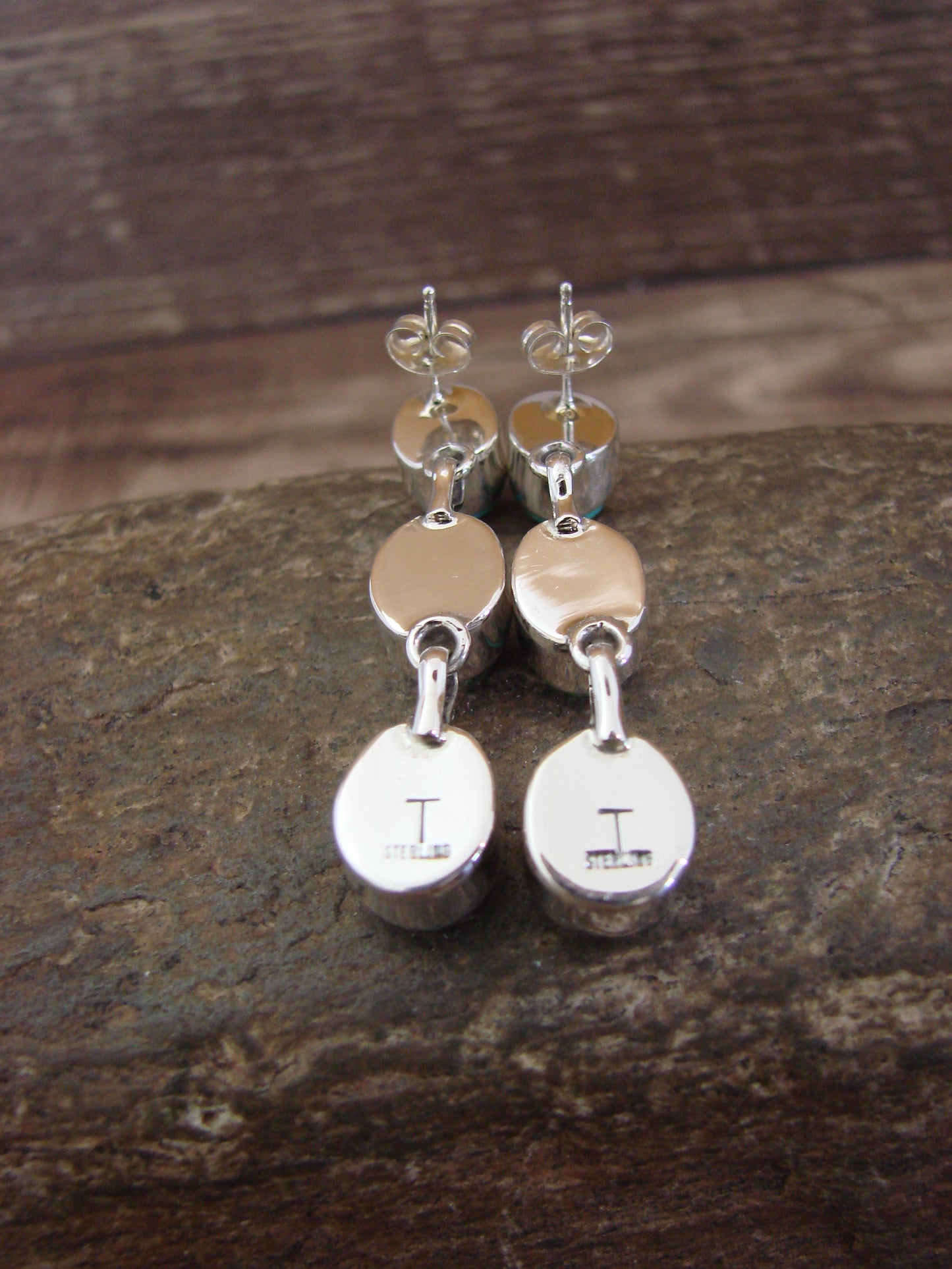 Native American Sterling Silver Sonoran Turquoise Post Dangle Earrings Signed T