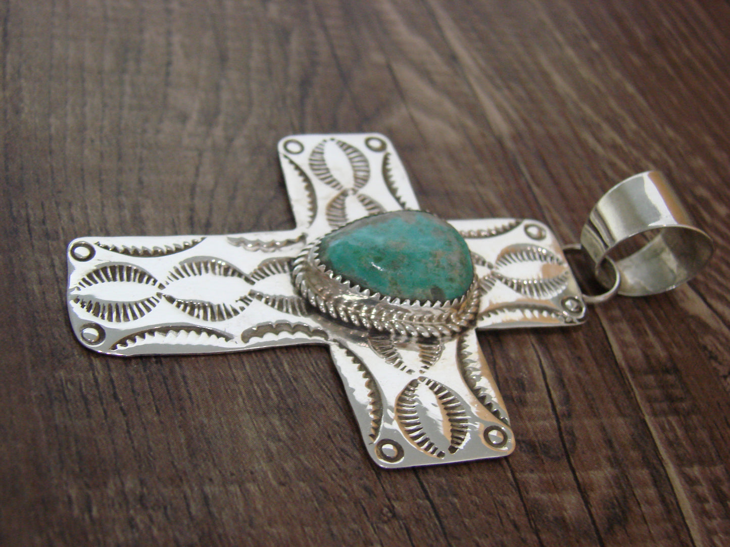 Large Navajo Sterling Silver & Turquoise Cross Pendant Signed Cleveland