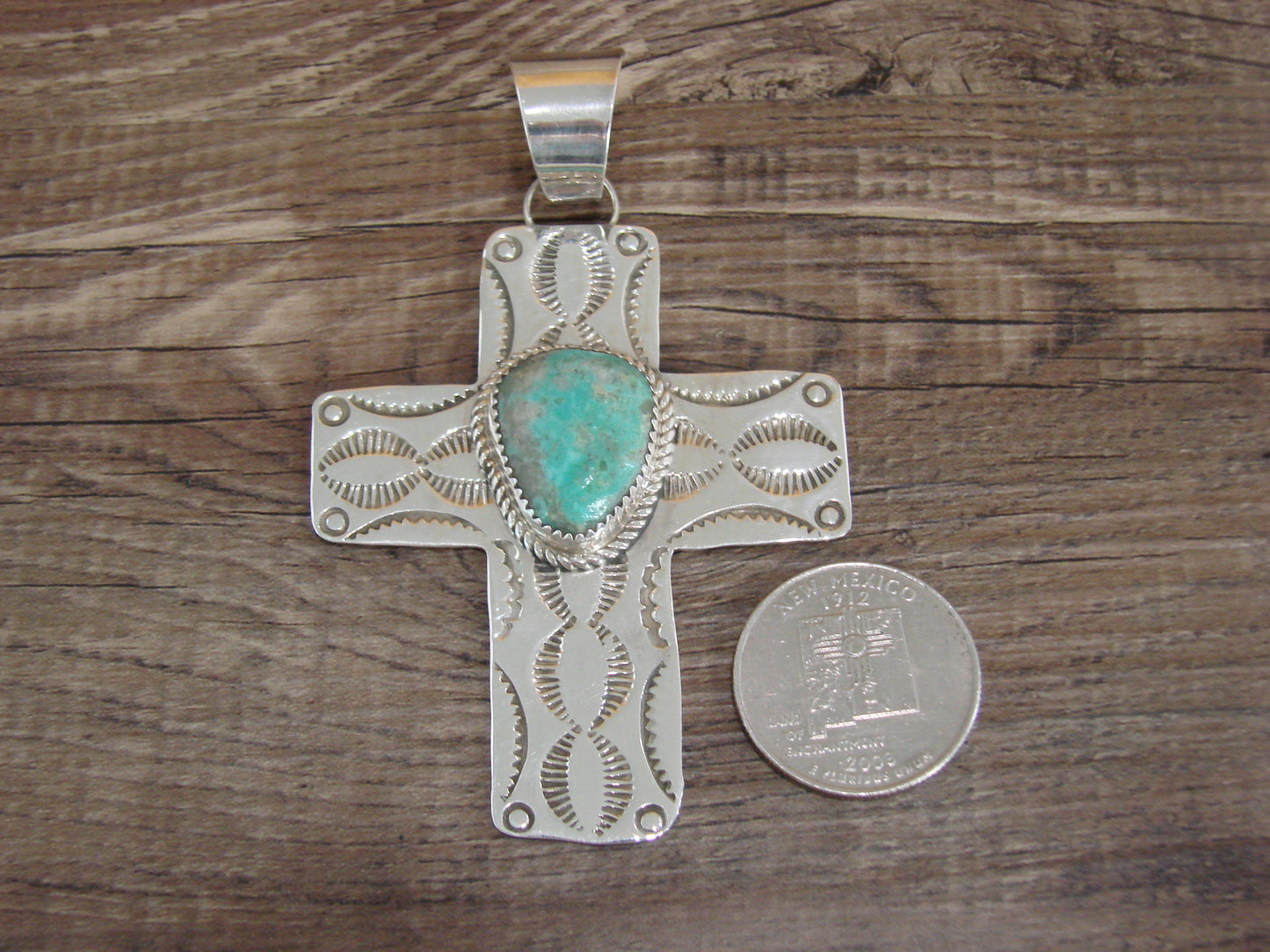 Large Navajo Sterling Silver & Turquoise Cross Pendant Signed Cleveland