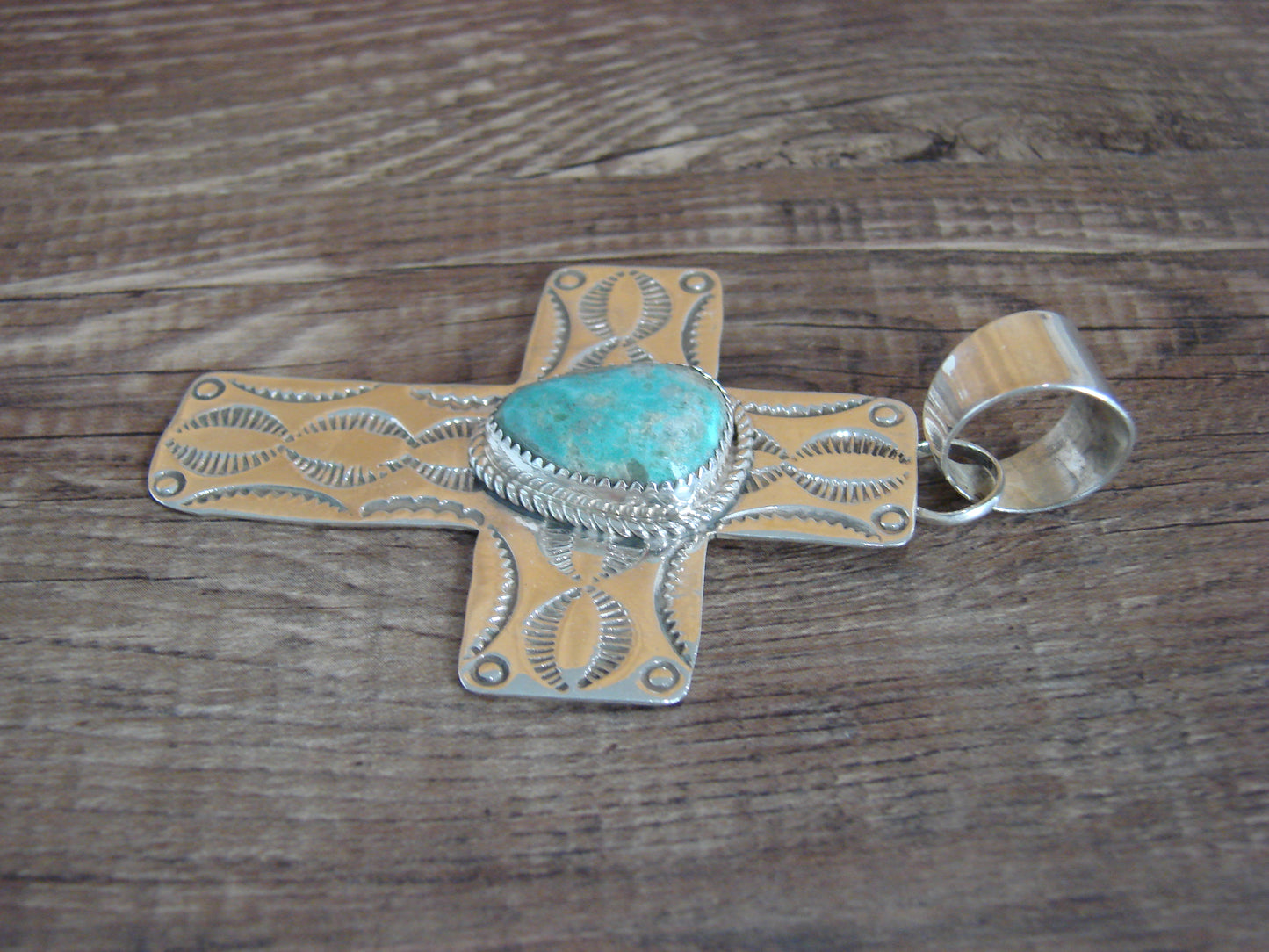 Large Navajo Sterling Silver & Turquoise Cross Pendant Signed Cleveland