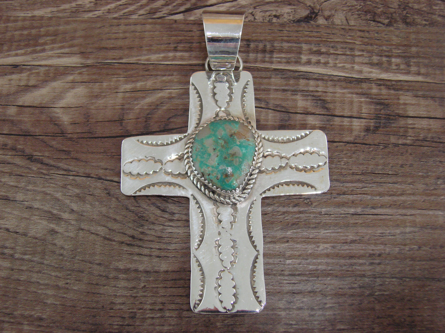 Large Navajo Sterling Silver & Turquoise Cross Pendant Signed Cleveland