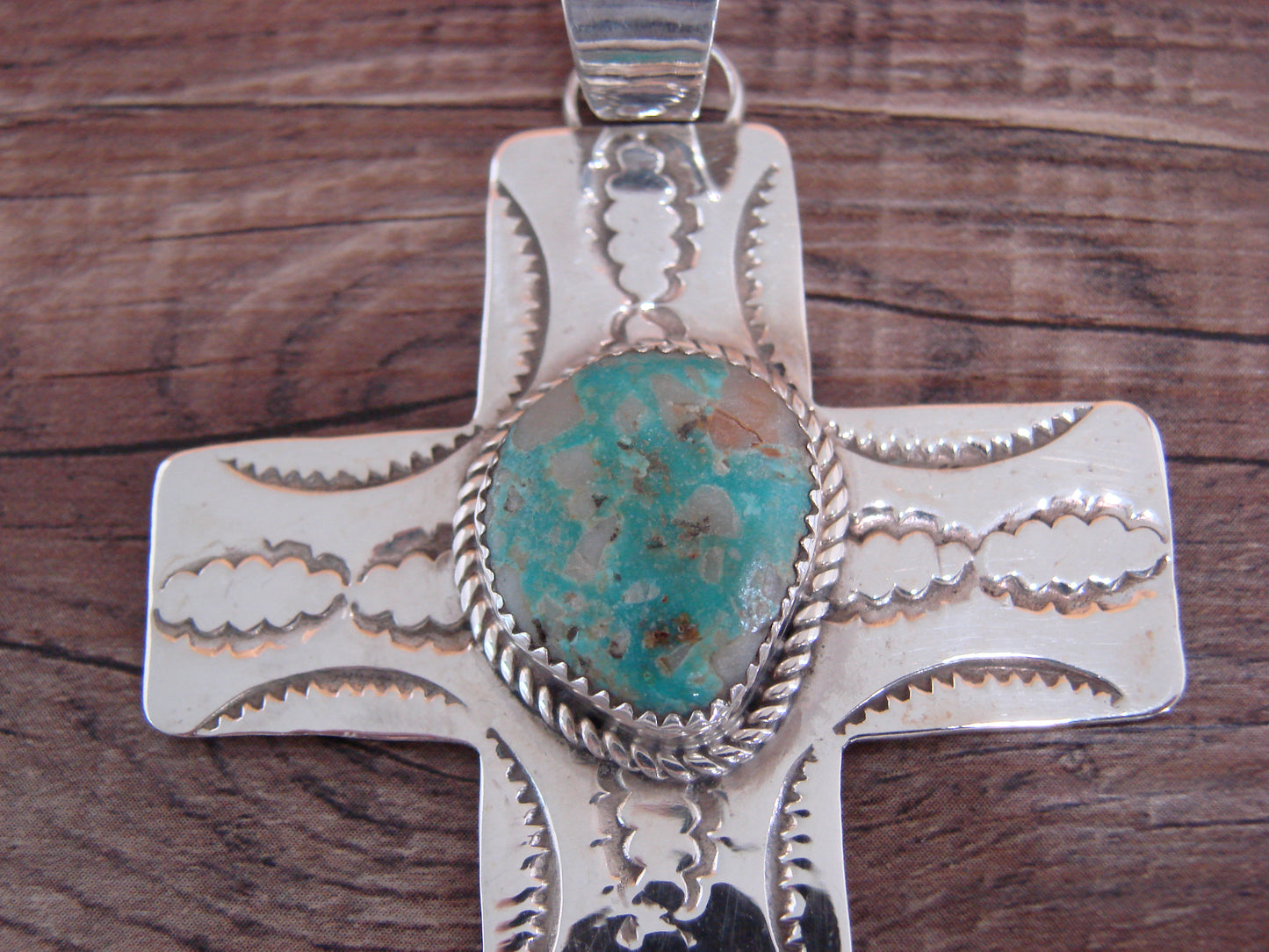 Large Navajo Sterling Silver & Turquoise Cross Pendant Signed Cleveland