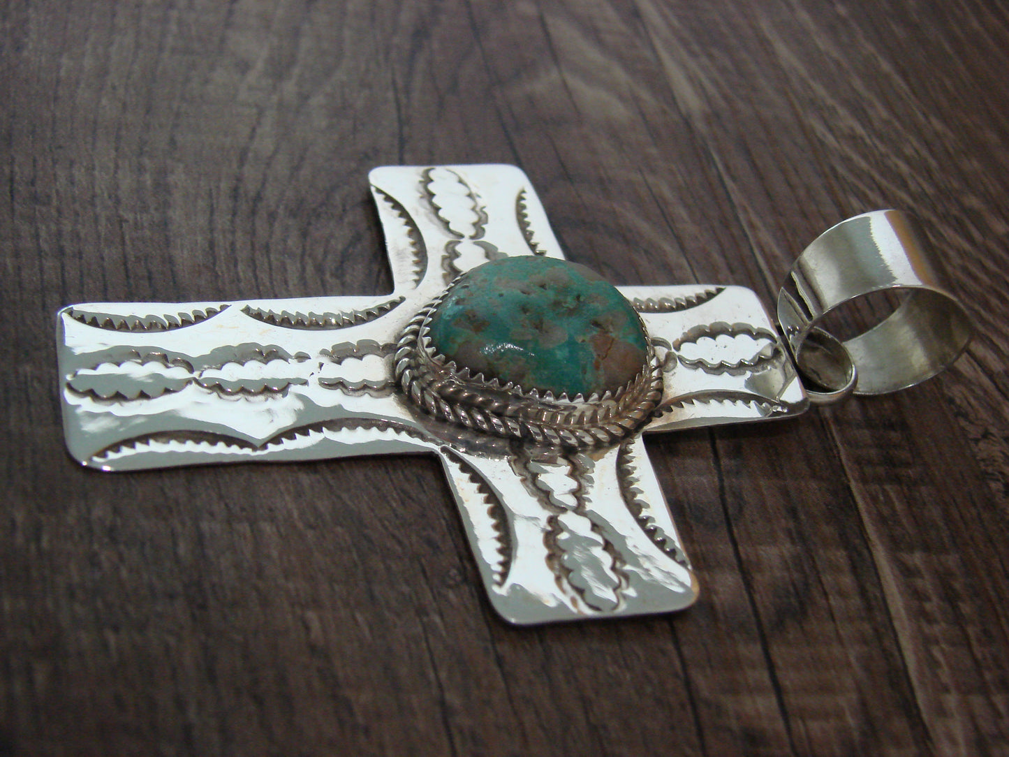Large Navajo Sterling Silver & Turquoise Cross Pendant Signed Cleveland